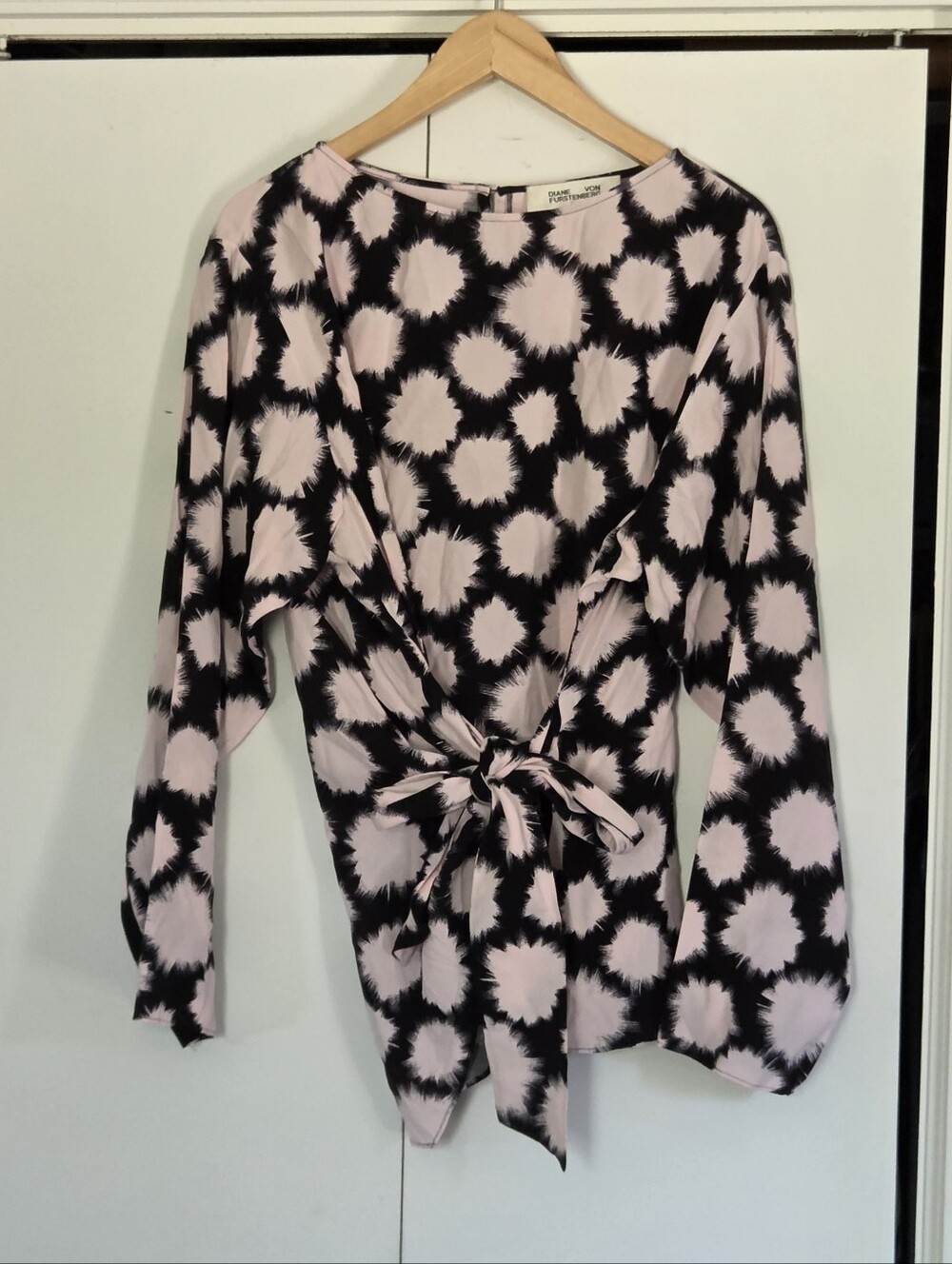 Diane Von Furstenberg Soft Pink Blouse with Black Abstract Spots